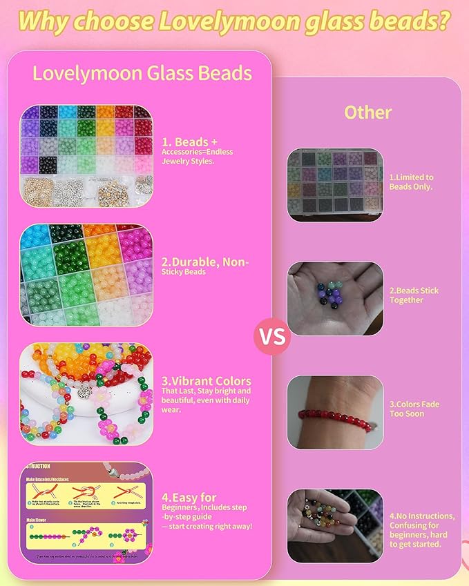 LovelyMoon 28 Colors 6mm Glass Beads for Bracelet Making Kit with 12 Zodiac Charms, Metal Spacers & Elastic Cord Beginner-Friendly Bracelet & Necklace Craft Kit for Teens & Adults
