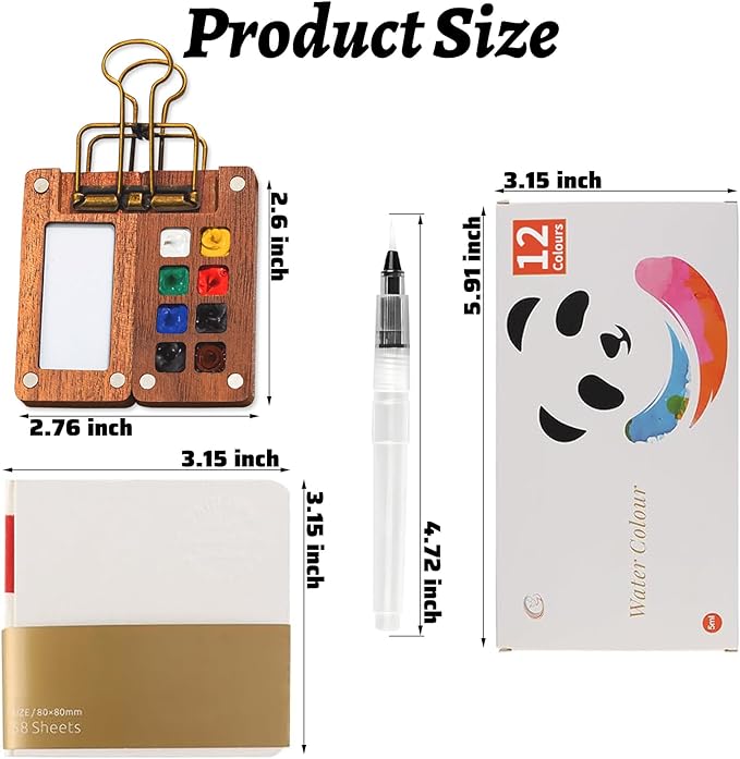 Mini Watercolor Paint Set Travel Watercolor Set Pocket Artist Watercolor Travel Set with Watercolor Palette,Watercolor Brushes, 12 Colors, Watercolor Sketchbook for Artists Painters Students(Wood)