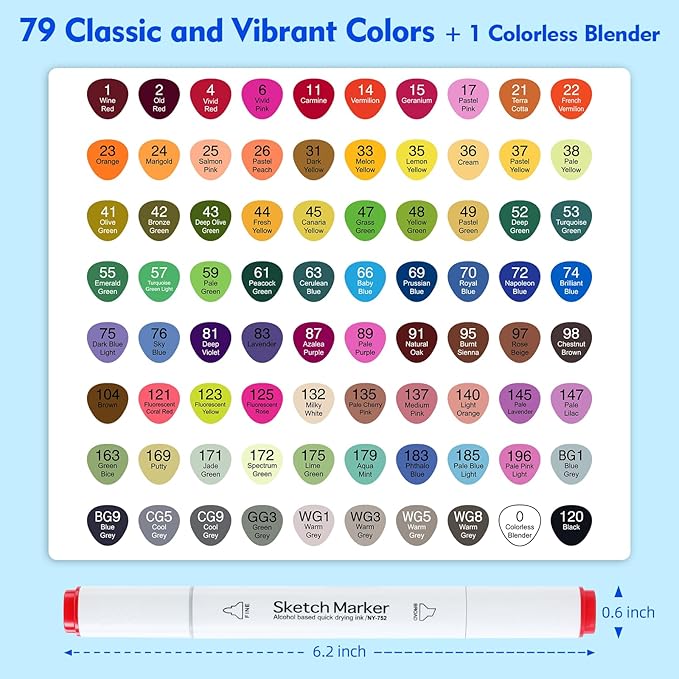 80 color liquor base mark, double pointed (chisel and fine) permanent painting mark, suitable for adult coloring books, sketches, illustrations, with transparent box