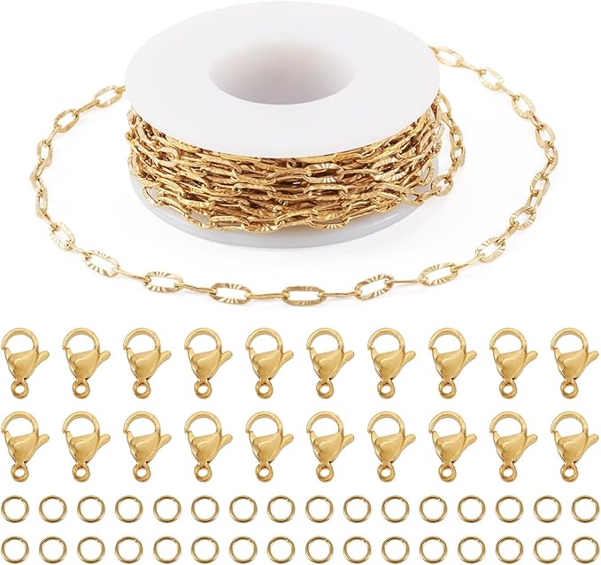 Sparkeads 5M Real 18K Gold Plated Golden Chain For Jewelry Making,Stainless Steel Chain,Golden Link Necklaces For Women,Paperclip Cable Chain for Bracelet DIY Earring Jewelry Making Kits,7.8x3.5x0.7mm