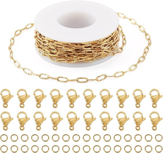 Sparkeads 5M Real 18K Gold Plated Golden Chain For Jewelry Making,Stainless Steel Chain,Golden Link Necklaces For Women,Paperclip Cable Chain for Bracelet DIY Earring Jewelry Making Kits,7.8x3.5x0.7mm