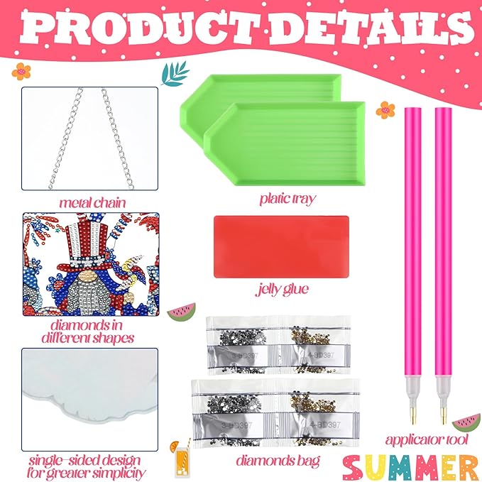 Burbell 3 Pcs Diamond Summer Beach Painting Kits Sunglasses Smoothie Diamond Art Hanging Ornament Sign DIY Painting Art Kits for Summer Adult Window Door Wall Decorations