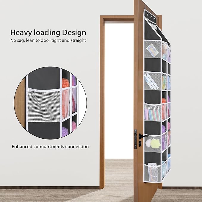 Univivi 6 Tiers Hanging Yarn Storage Organizer, Large Knitting Organizer with 12 Deep Clear Pockets & 10 Mesh Side Pockets, Over The Door Yarn Holder for Crochet Hooks, Knitting Needles, Dark Grey