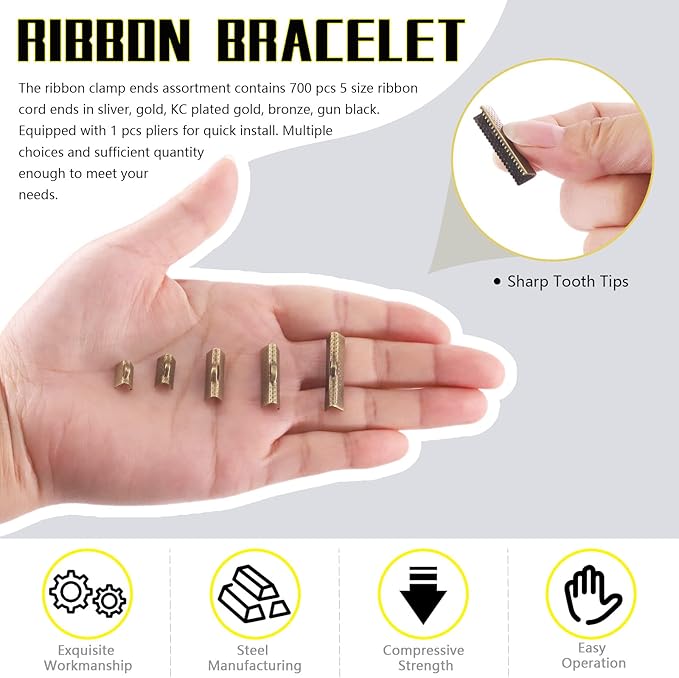 Mardatt 701 Pcs Ribbon Bracelet with Pliers Kit 24 Type Iron Fold Over Bookmark Pinch Crimp Ends Leather Clamps Jewelry Making Findings for Bookmark Pinch Bracelet Choker Necklace