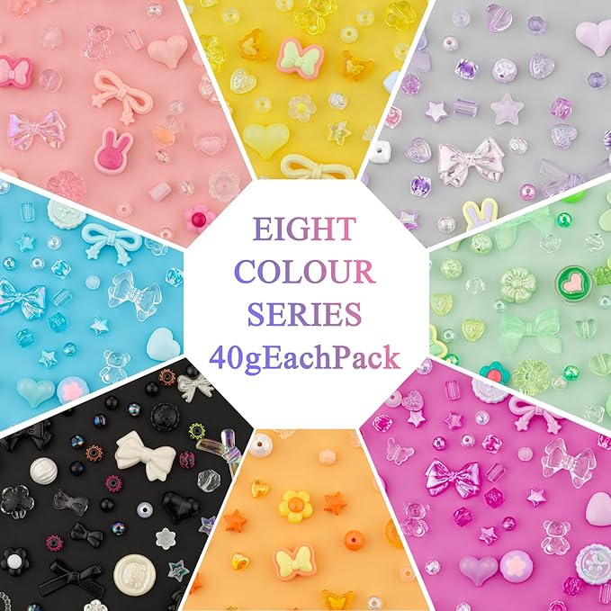 LAIDANLA 8 Color Assorted Acrylic Beads Aesthetic Random Mixed Cute Beads for Bracelets Jewelry Making, Flower Star Heart Bow Butterfly Bear Candy Bead for DIY Necklace Keychain Phone Charms 320g