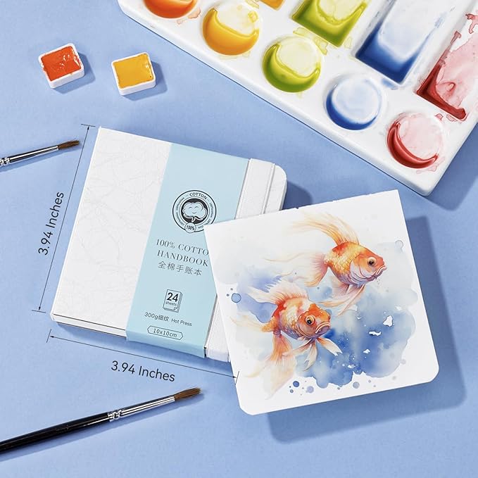 Lightwish 2 Pack Square Watercolor Journal, 100% Cotton Hot Press Watercolor Paper,140lb/300gsm Acid-Free,48 Sheets 3.94x3.94” Small Sketchbook for Adults, Students, and Kids