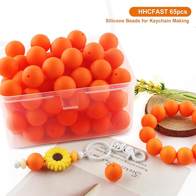 65Pcs 19mm Silicone Beads for Keychain Making Bracelet Necklace, Bulk Round Silicone Beads for Pens(Orange)