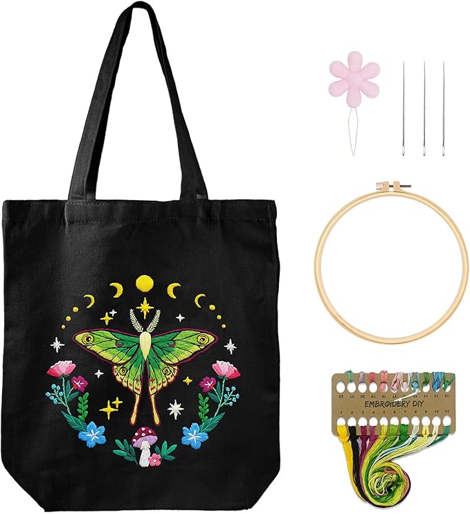 Nuberlic Canvas Tote Bag Embroidery Kit for Beginners Adults -DIY Needlepoint Kit with Butterfly Pattern Bag Reusable Eco-Friendly Shopping Bag