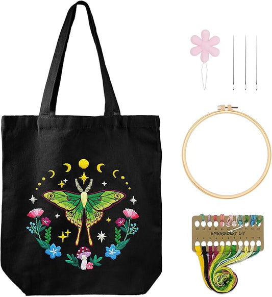 Nuberlic Canvas Tote Bag Embroidery Kit for Beginners Adults -DIY Needlepoint Kit with Butterfly Pattern Bag Reusable Eco-Friendly Shopping Bag