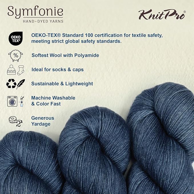 KnitPro Symfonie Fingering Weight Hand Dyed Semi-Solid Yarn Skein | Extra Fine Merino Wool & Polyamide Blend for Knitting & Crocheting, Oeko-TEX Certified 400m, 100g | Terra Jodhpur Blue
