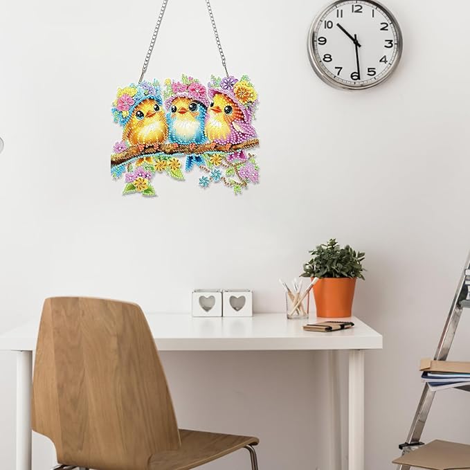 Miwixy Three Birds Hanging Diamond Art Kits for Adults,Colorful Flowers Special Shaped Crystal Diamond Painting Ornament DIY Double-Sided Pattern Window Pendant Gem Art Kit for Home Wall Decor