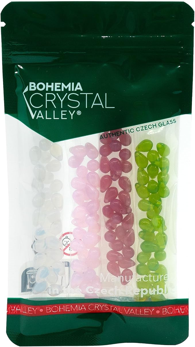 120+ Bead Kit of 6x9mm Pendant Drop Beads - Teardrop Glass Beads for Jewelry Making Set in 4 Opal Colors: White, Pink, Dark Pink, Grass Green