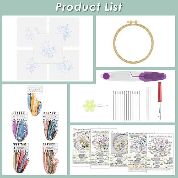 ERKOON Embroidery Kit for Beginners, 5 Sets Flower Cross Stitch Set for Adults Include Embroidery Cloth Hoops Threads for Craft Lover Hand Stitch with Skill Techniques (Flower)