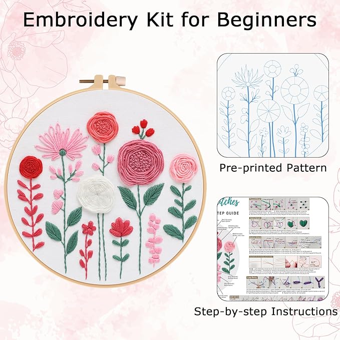 Nuberlic Embroidery Kit for Beginners -Floral Easy Embroidery Kits for Adults Starter Cross Stitch Kit DIY Needlepoint with Step-by-Step Instruction