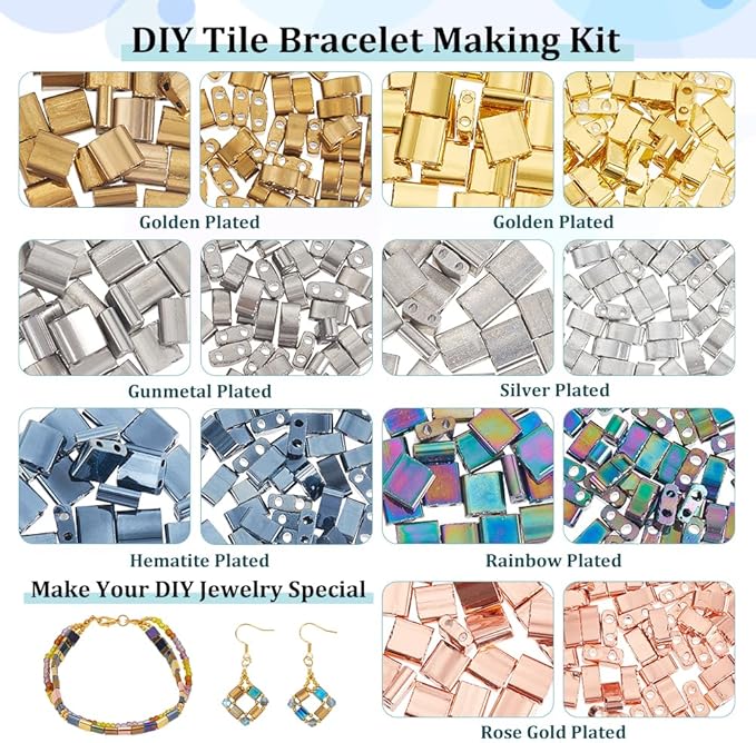 NBEADS 455 Pcs 2 Sizes 2-Hole Beads, 7 Color Rectangle Glass Seed Beads for Jewelry Making DIY Kit