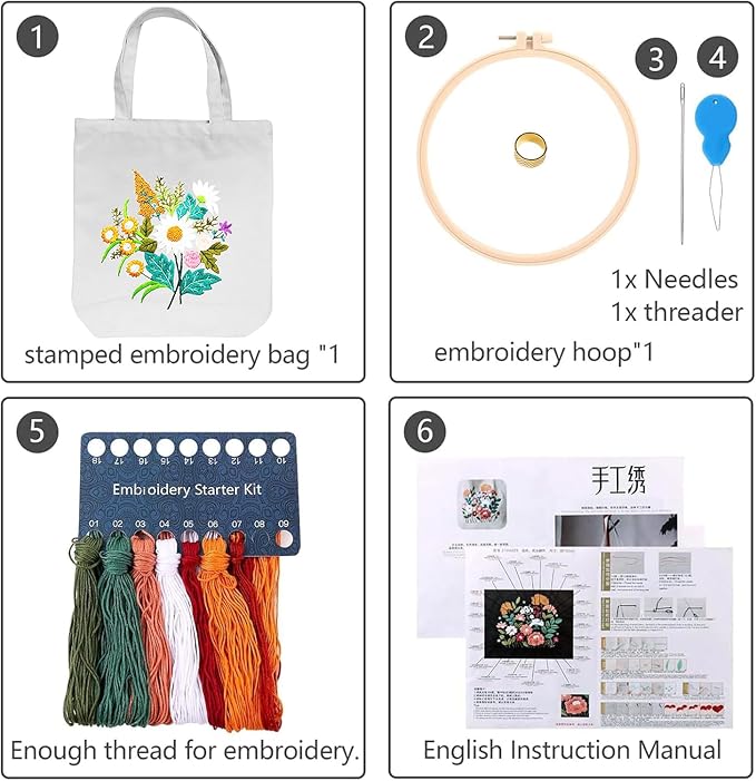 CREAWONDER Canvas Tote Bag Embroidery Kit with Pattern for Beginners, Arts and DIY Embroidery Crafts Kits for Adults, Include Instructions, Thimble, Embroidery Hoops, Color Threads and Tool