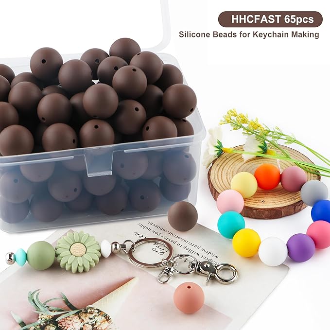 65Pcs 19mm Silicone Beads for Keychain Making Bracelet Necklace, Bulk Round Silicone Beads for Pens（Chocolate）