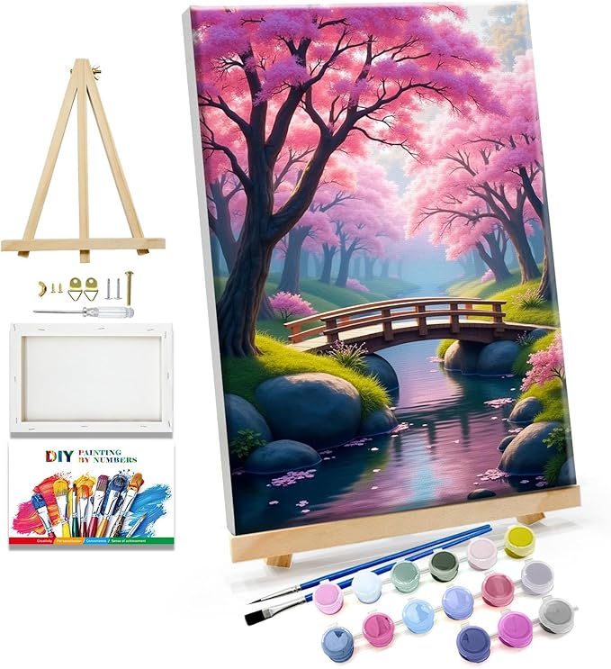 JOOZ Paint by Numbers Kit for Adults with Frame Cherry Blossom Adult Paint by Number Kits Framed Canvas Bridge Paint by Number with Easel DIY Oil Painting by Number for Gift Home Wall Decor 8x12 Inch