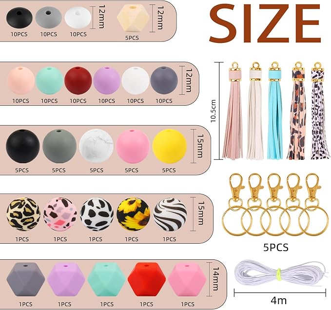CZWZ 141pcs Silicone Beads for Keychain Making Kit 15mm 12mm Round 14mm Polygonal Silicone Loose Beads Bulk for Pens Bracelet Necklace Crafts Making