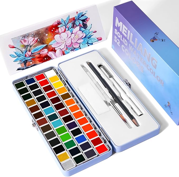 MeiLiang Watercolor Paint Set 52 Colors in Half Pans with Drawing Pencil, Paint Brushes, 5 Watercolor Paper, Sponge, Black Drawing Pens, Art Supplies for Adults Travel Watercolor & Blue Box