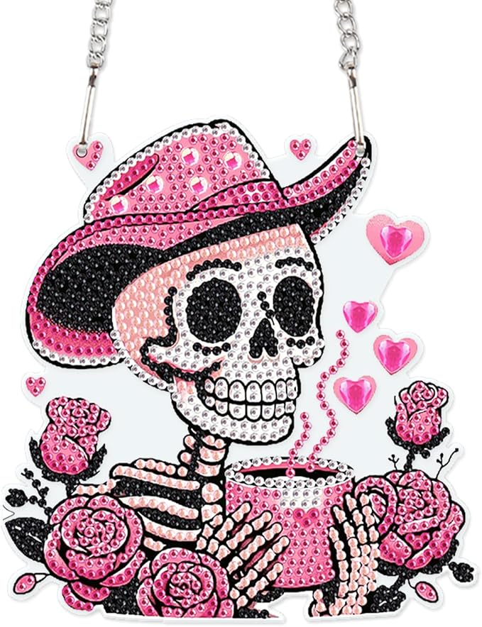 AiYuanzsh DIY 5D Diamond Art Hanging Rose Skull, Pink Skeleton Wall and Door Pendant, Diamond Painting Ornament with Rhinestones for Halloween, Western, Valentine’s Day Home Decor