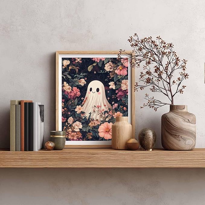 Cawpom Ghost Paint by Number, Halloween Ghosts Paint by Numbers Kit for Adults, Ghost Surrounded by Pink Flowers Poster, Acrylic Painting for Holiday Gift Home Decor(16x20inch, No Frame)