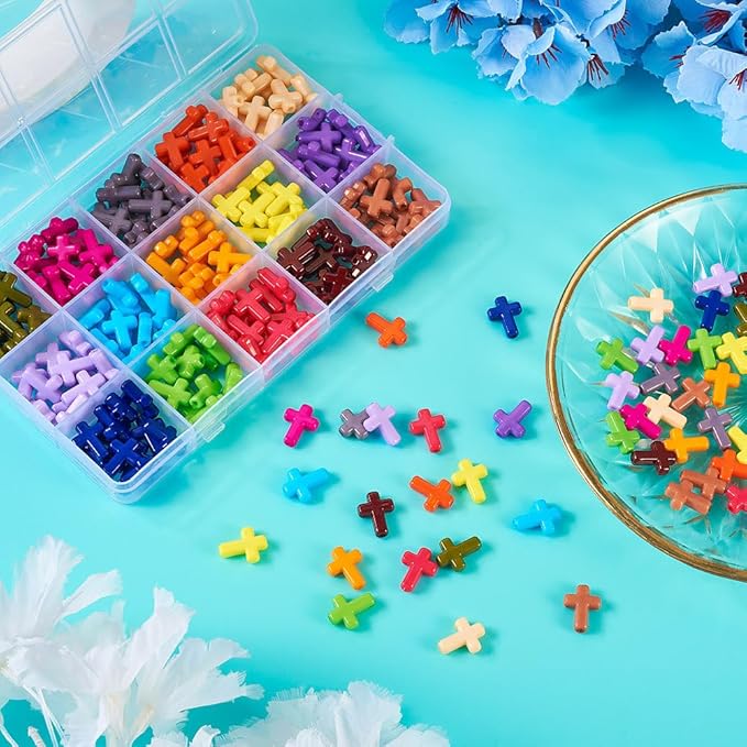 FASHEWELRY 225Pcs Acrylic Cross Beads for Bracelets - Assorted Color Crosses Crucifix Christian Beads Chunky Rosary Spacer Bead for Necklaces, Key Chains, Jewelry Making Easter Supplies