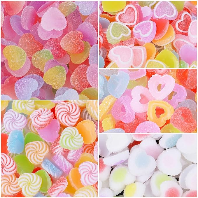 80pcs Jelly Sugar Soft Heart Candy Flatback Charms, DIY Craft Making Resin Jewelry Making Kit, Soft Candy Resin Flatback Beads for Women DIY Scrapbooking Hair Clip Crafts Cell Phone Case Making