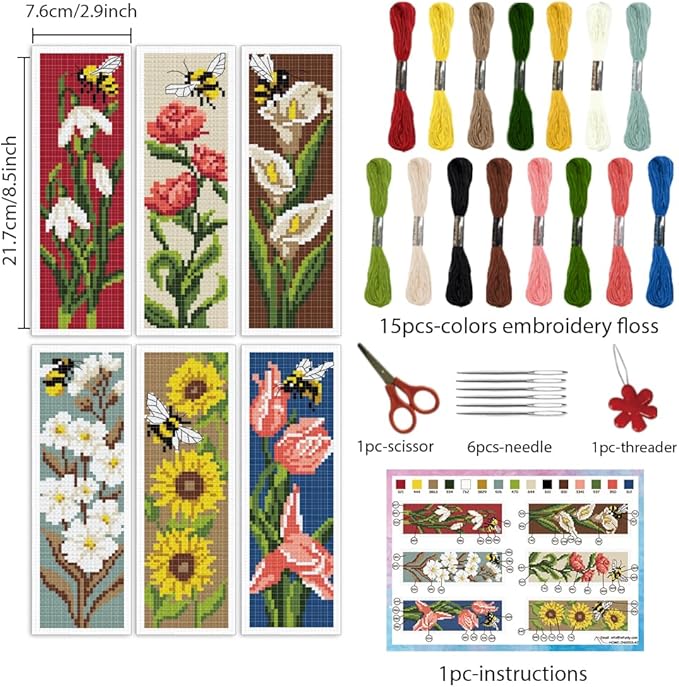 INFUNLY 6pcs DIY Tulips Cross Stitch Bookmark Kits for Adults Beginner 2.99''×8.54'' Calla Stamped Embroidery Bookmark Kit with Instruction Daisy Freesia Embroidery Bookmark Set for Book Lovers