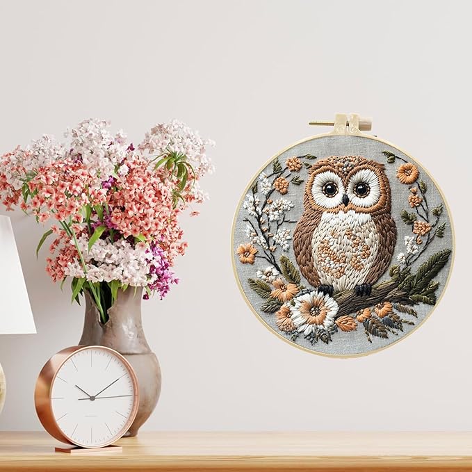 QBQBQ Owl Embroidery Kit - 8.2in, Owl Punch Needle Kit for Adults, Cross Stitch Kits for Beginners, Include Embroidery Cloth Bamboo Hoops and Step by Step Instructions, for Craft Lover Hand Stitch