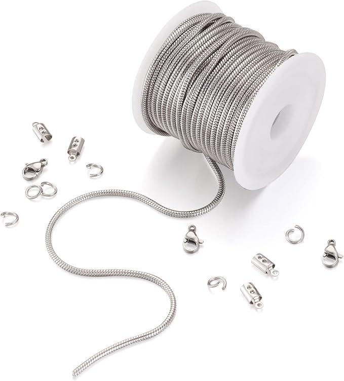 Pandahall 16.4 Ft 2mm Stainless Steel Snake Chains with 50Pcs Jump Ring 10Pcs Lobster Claw Clasps 30Pcs Folding Crimp Ends Jewelry Making Kits for Chain Necklace DIY