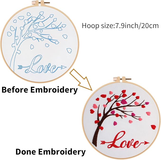 Louise Maelys Love Heart Tree Beginners Embroidery Kits,Cross Stitch Starter Kit for Adults Including Cloth with Lovers Pattern Hoop Needles Instruction and Threads
