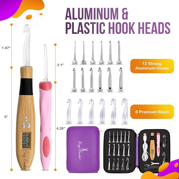Crochet Counting Hook & Handle Set - 18 Hooks 2mm-14mm - Comfortable Ergonomic Soft Grip - w/Digital LED Row Stitch Finger Counter Marker Easy to Read Numbers - Crocheting Knitting Kit - Easy to Use
