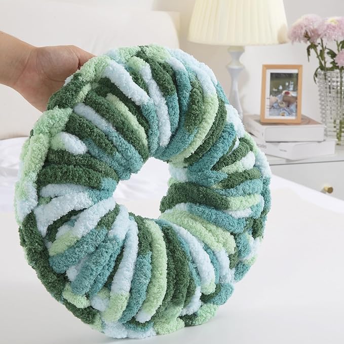 HOMBYS Chunky Tie Dye Mix Chenille Yarn for Hand Knitting, Super Bulky Jumbo Yarn for Crocheting, 3/4" Thick Soft Plush Yarn for Blankets, 18 Skein Pack (26 yds / 7.5 oz Each) (Mint, Teal, Green