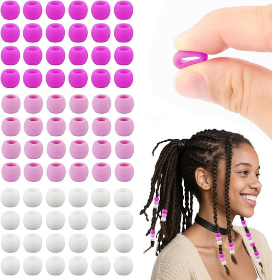 AD Beads 216PCS 6x9mm Soft Pony Silicone Beads for Hair, Purple Series with 80 Elastic Bands, Tool and Storage Box Kit for Braids, Bracelet, Crafts.
