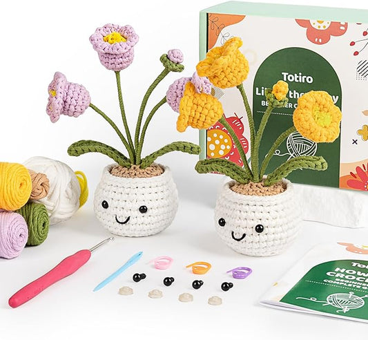 Totiro Crochet Kit for Beginners, Potted Flower Amigurumi Starter Kit, Easy DIY Arts & Craft Set with Step-by-Step Video Tutorials, Crochet Pattern Learning Kit for Teens Adults Birthday Gift