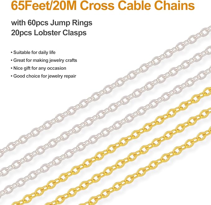 Kyutong 65.6 Feet Stainless Steel Jewelry Making Chains Bulk on Spool 2 Rolls Cross Cable Chain Links Gold Silver Craft Jewelry Supplies with Lobster Clasps Jump Rings for DIY Handcraft
