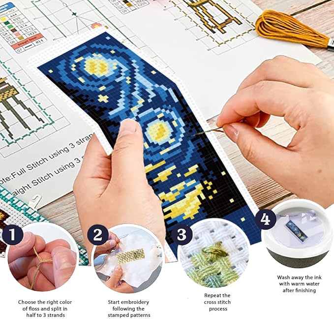 ORIGACH 6 Set Universe Starry Night Cross Stitch Bookmark Kit for Beginner with Backing Felt Floss Instructions DIY Stamped Embroidery Bookmark Kit for Adults, Book Lovers