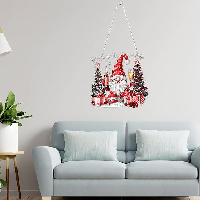 Genius maker Christmas Gnome Diamond Art Hanging Kits for Adults, Diamond Painting Pendant Kit, DIY Acrylic 5D Special Shaped Crystal Diamonds Gem Art Painting Ornament for Home Wall Decor Gift