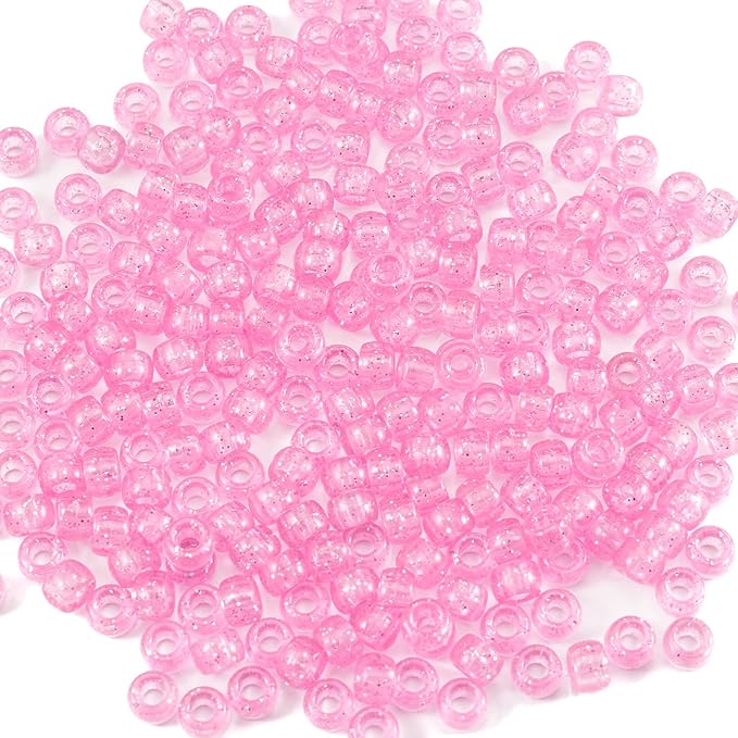 Gxueshan 1000 Pcs Acrylic Plastic Transparent Pink Pony Beads 6x9mm Large Hole Pens Hair Braiding Bulk Kandi Beads for Friendship Bracelet Necklace Jewelry Making Kit