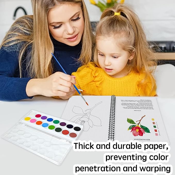 SLWBZ Watercolor Workbook Flowers, 15 Different Patterns of Original DIY Designs, 16 Color Watercolor Paint Plates with Palette and Brush, Beginner-Friendly Watercolor Workbooks, Flowers