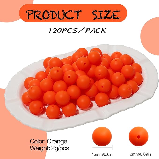 120pcs 15mm Bulk Silicone Beads for Pens, Keychains, Necklaces and Bracelets Making, Assorted Rubber Beads Set (Orange)