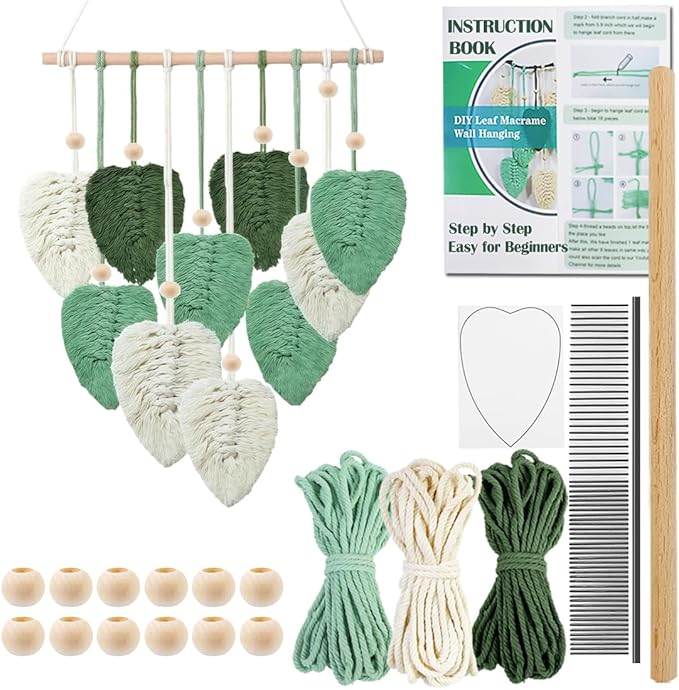 Ewparts Macrame Leaf Wall Hanging Kit – 3mm Cord with Fringe Comb, Threader & Leaf Template,Include Step-by-Step Instructions, Complete DIY Wall Decor Set for Beginners, Boho Craft Kit for Adults