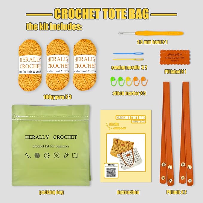 Herally Crochet Kit DIY Bag for Beginners - Include Yarn, Hook and Accessory - with Step by Step Video Tutorials - Crochet Tote Bag (Yellow)
