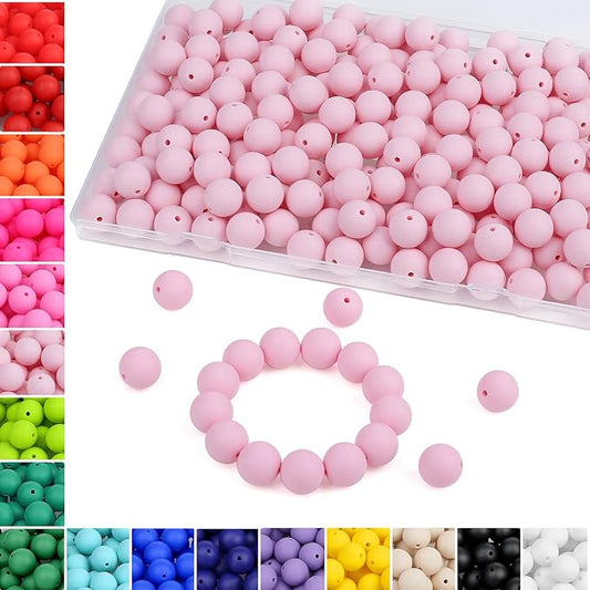 MAIBAOTA 120 Pcs Light Pink Silicone Beads 15 mm for Keychain/Pens/Bracelet/Necklace Making - Focal Loose Rubber Round Beads Bulk for Craft Making (With Boxed Kits)