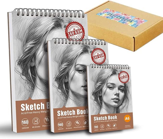 Thickened Mixed Media Sketchbook - Three Different Sizes, Drawing Paper Pad-108lb/160gsm, (Character Sketch, Gift Set （A4+A5+A6)