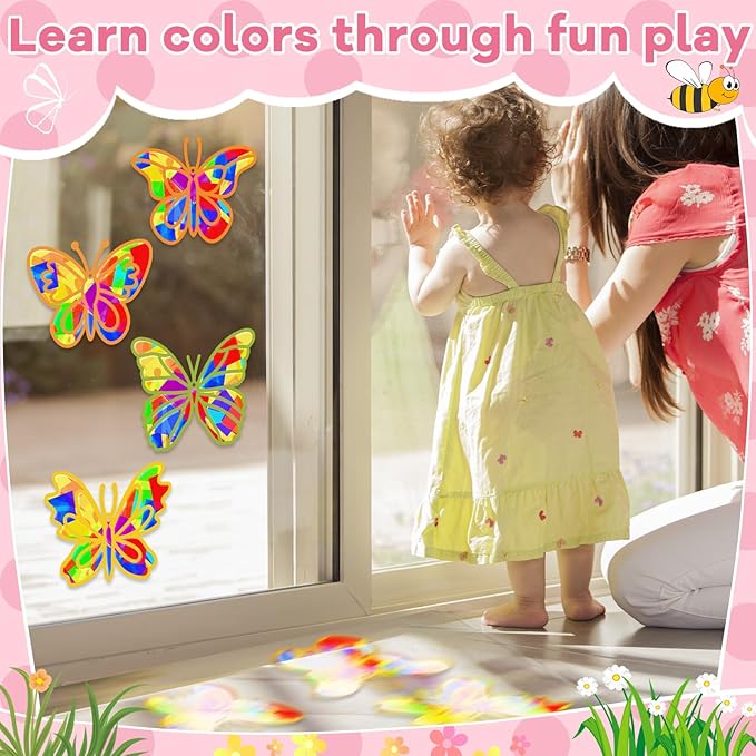 32 Sets Spring Butterfly Suncatchers Craft Kit DIY Window Stained Glass Effect Colorful Butterfly Paper Crafts Home School Classroom Decoration Birthday Gift Creative Art Project & Activity Game