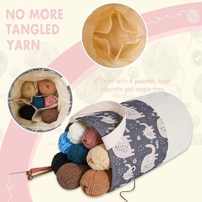 Yarn Bag, Small Crochet Bag Organizer, Drawstring Yarn Storage Knitting Bags, Portable Mini Yarn Holder for Crocheting Project, Store Skein Ball, Needles Accessories (Elephant Grey, Large)