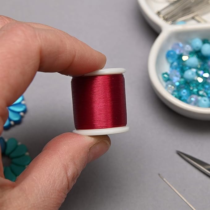 KO Nylon Beading Thread, Scarlet Pink Color, Japanese Pre-Waxed 100% Nylon, 330TEX, Tangle Resistant Knotting Cords, 50m /55 yds Spool, Use for Seed Bead Projects, Loom Work & Bead Weaving