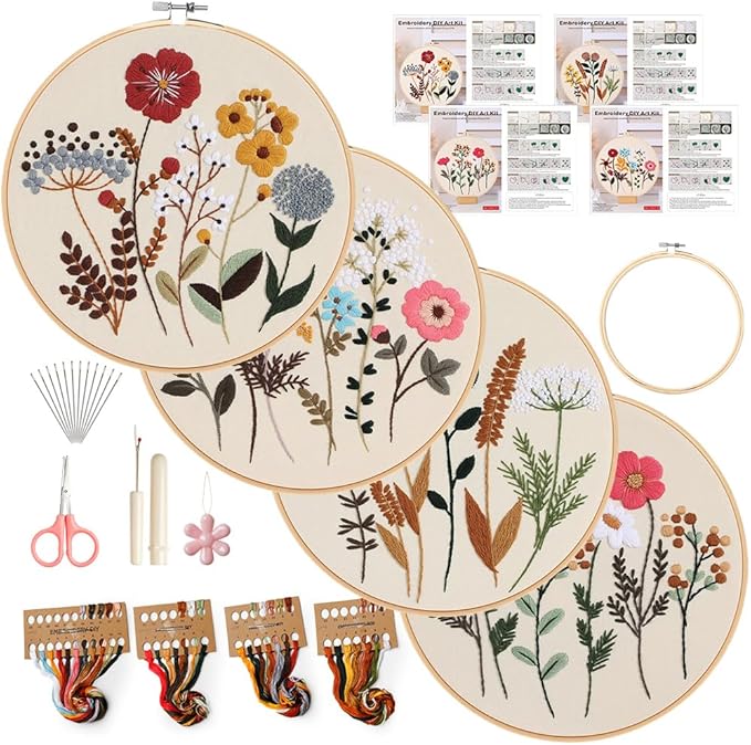 wtisan embroidery kit, 4 sets embroidery kit for beginners with stamped flower pattern, cross stitch starter kits for adults hand craft lover with embroidery hoop, instructions and threads